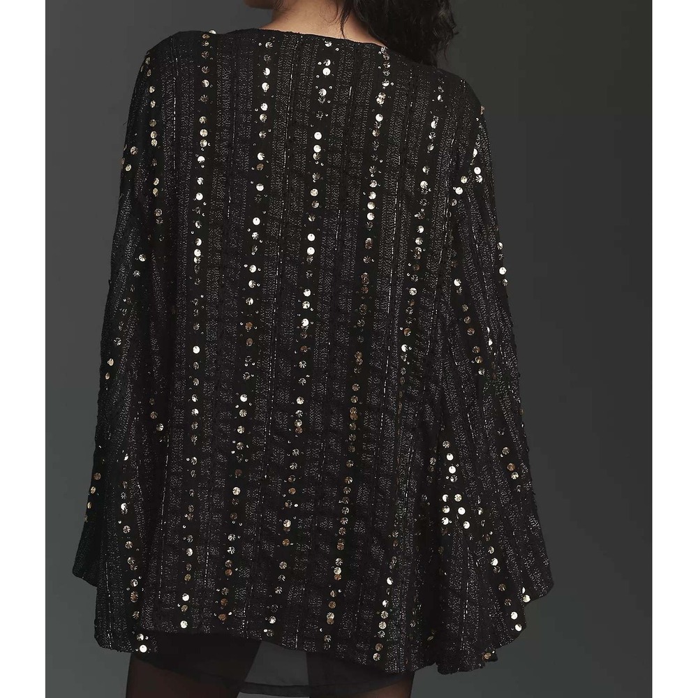 Anthropologie Let Me Be Black Gold Sequin Embellished Lace V Neck Blouse Medium - Picture 3 of 15